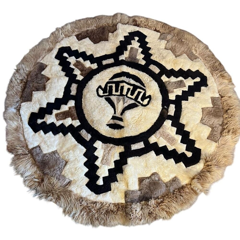 Vintage Authentic‎ Peruvian Alpaca Rug 60" In Diameter Handmade With Hide & Fur